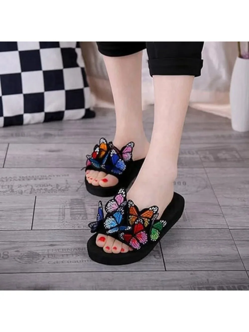 Comfy Summer Flat Slide Sandals for Women - Butterfly Platform, Low Heel